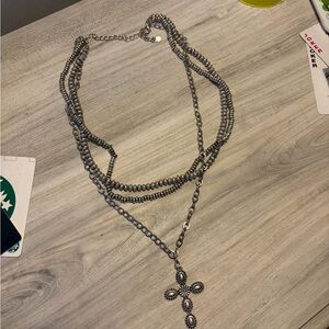 Triple Layered Silver Cross Necklace